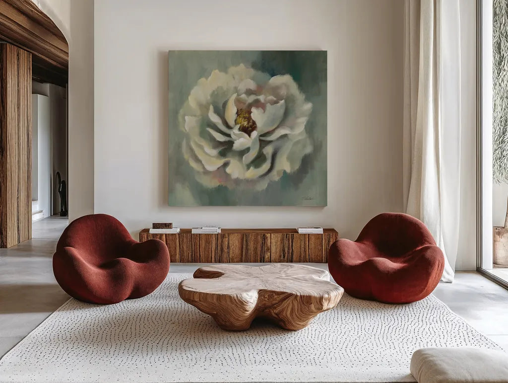 Dancing Petals by Silvia Vassileva. Shown as extra-large giant wall art in a modern living room. Available as an archival giclee rolled canvas, fine art paper, or poster print. SKU 68581a.