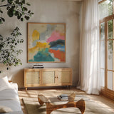 Daydream I by Silvia Vassileva. Shown in a natural wood frame in a cozy modern living room. Available as an archival giclee rolled canvas, fine art paper, or poster print. SKU 63766a.