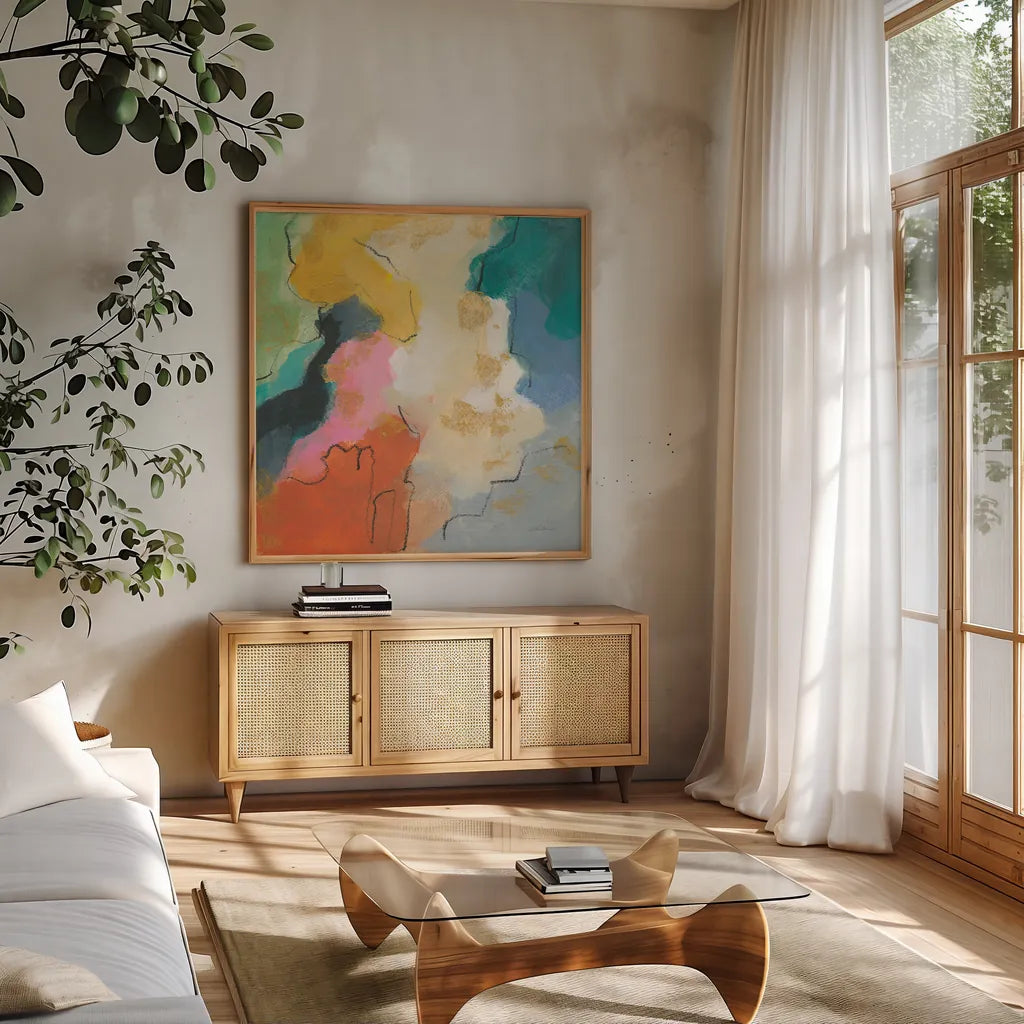 Daydream II by Silvia Vassileva. Shown in a natural wood frame in a cozy modern living room. Available as an archival giclee rolled canvas, fine art paper, or poster print. SKU 63767a.