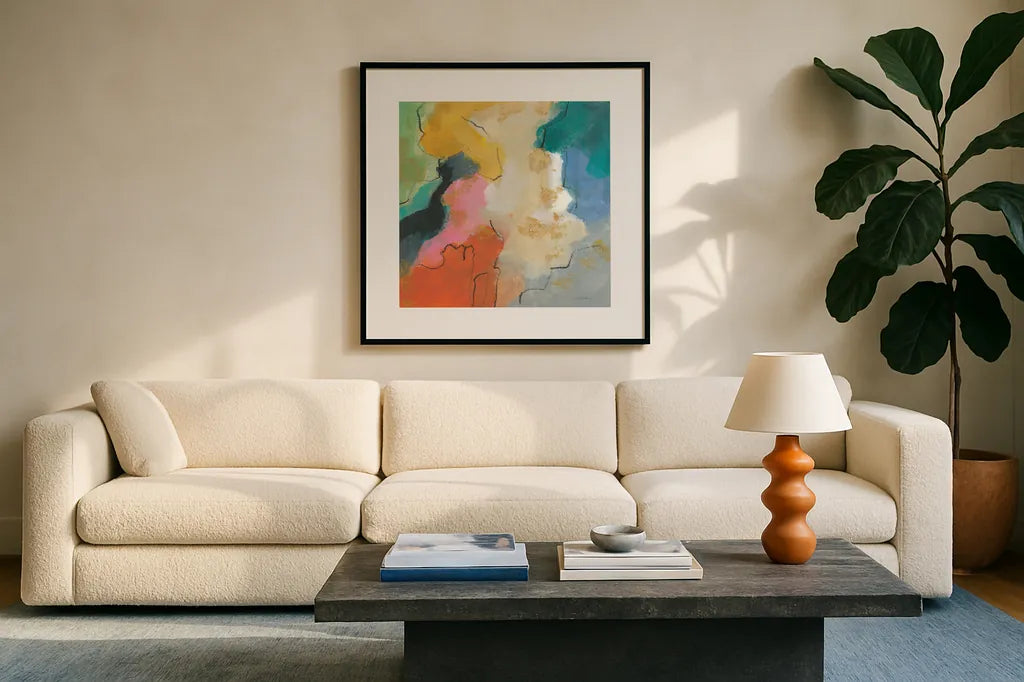 Daydream II by Silvia Vassileva. Displayed in a glass frame with matte in a clean modern living room. Available as an archival giclee rolled canvas, fine art paper, or poster print. SKU 63767a.
