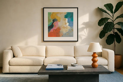 Daydream II by Silvia Vassileva. Displayed in a glass frame with matte in a clean modern living room. Available as an archival giclee rolled canvas, fine art paper, or poster print. SKU 63767a.