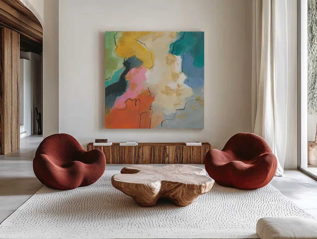 Daydream II by Silvia Vassileva. Shown as extra-large giant wall art in a modern living room. Available as an archival giclee rolled canvas, fine art paper, or poster print. SKU 63767a.