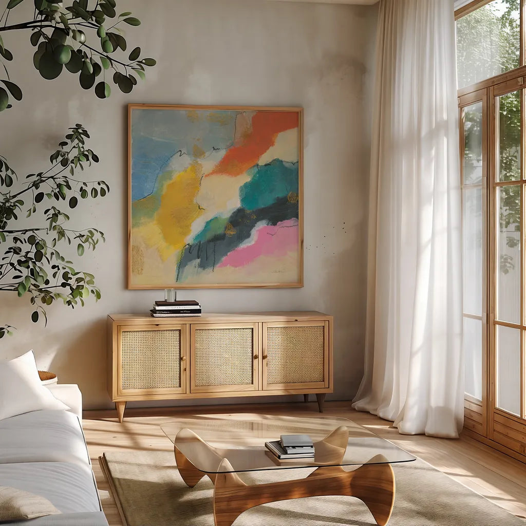 Daydream III by Silvia Vassileva. Shown in a natural wood frame in a cozy modern living room. Available as an archival giclee rolled canvas, fine art paper, or poster print. SKU 63768a.