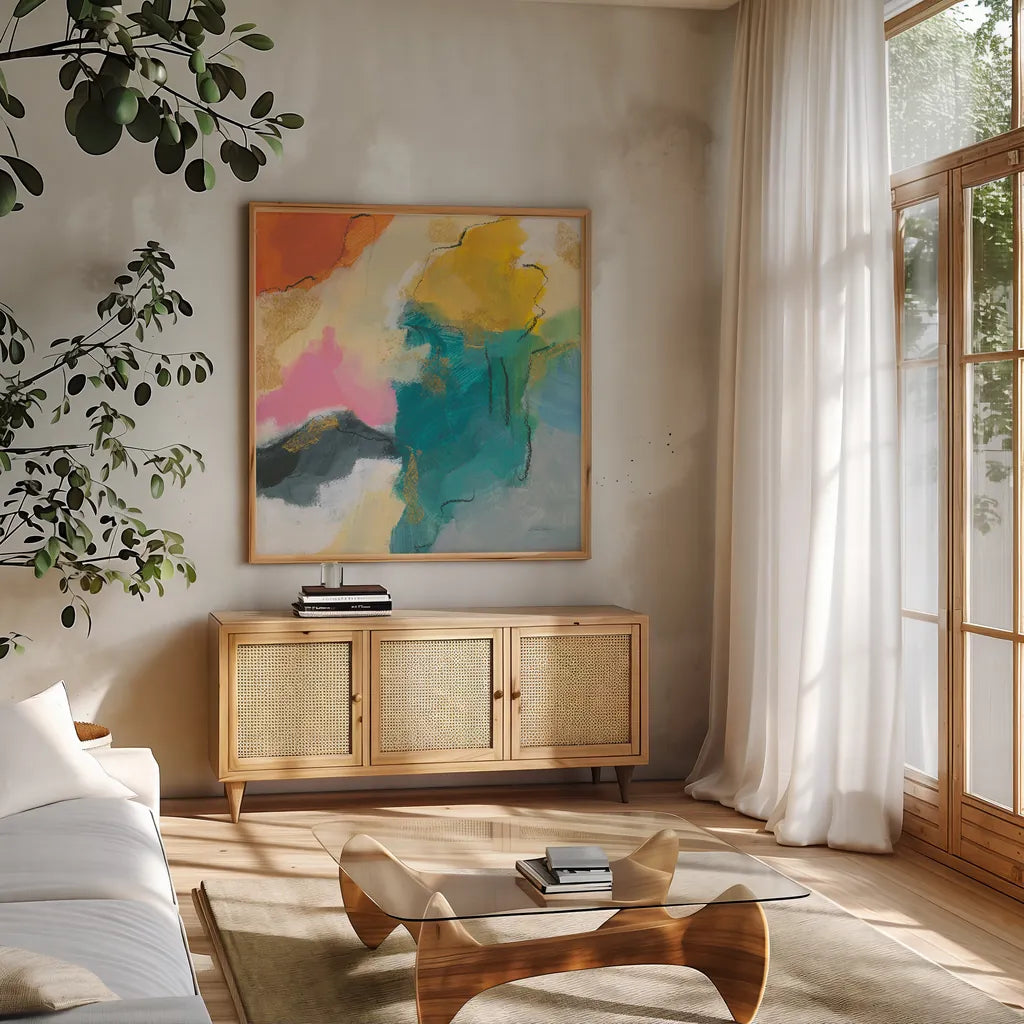 Daydream IV by Silvia Vassileva. Shown in a natural wood frame in a cozy modern living room. Available as an archival giclee rolled canvas, fine art paper, or poster print. SKU 63769a.