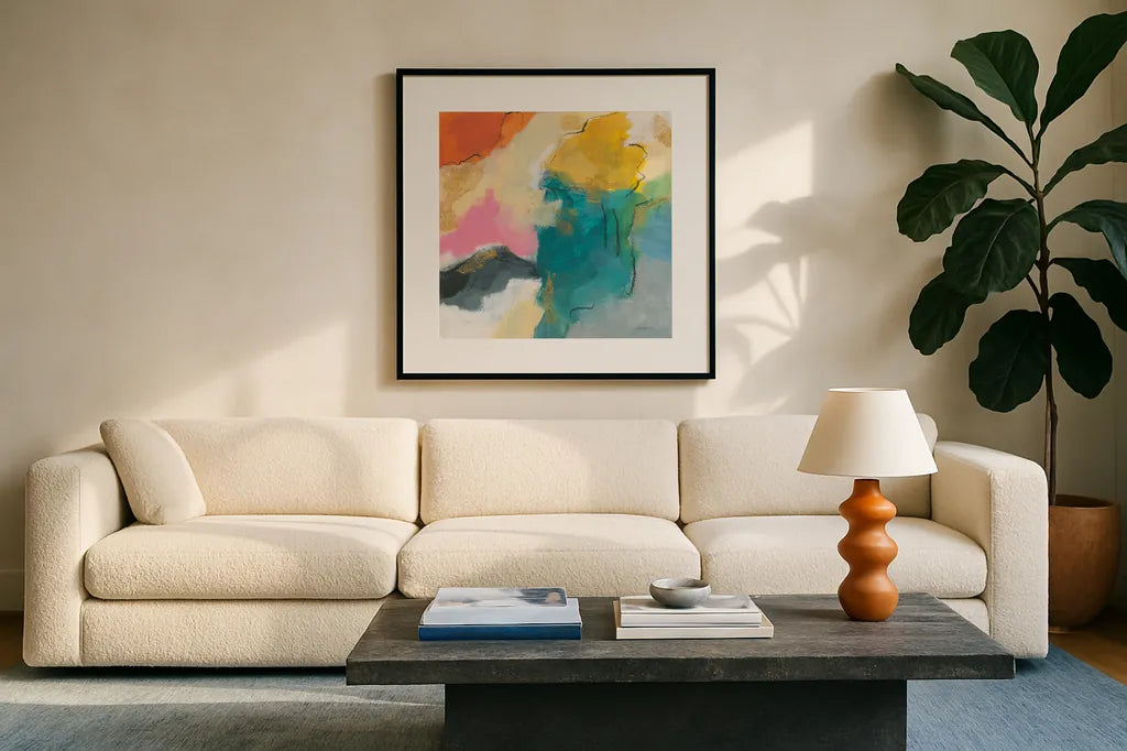 Daydream IV by Silvia Vassileva. Displayed in a glass frame with matte in a clean modern living room. Available as an archival giclee rolled canvas, fine art paper, or poster print. SKU 63769a.