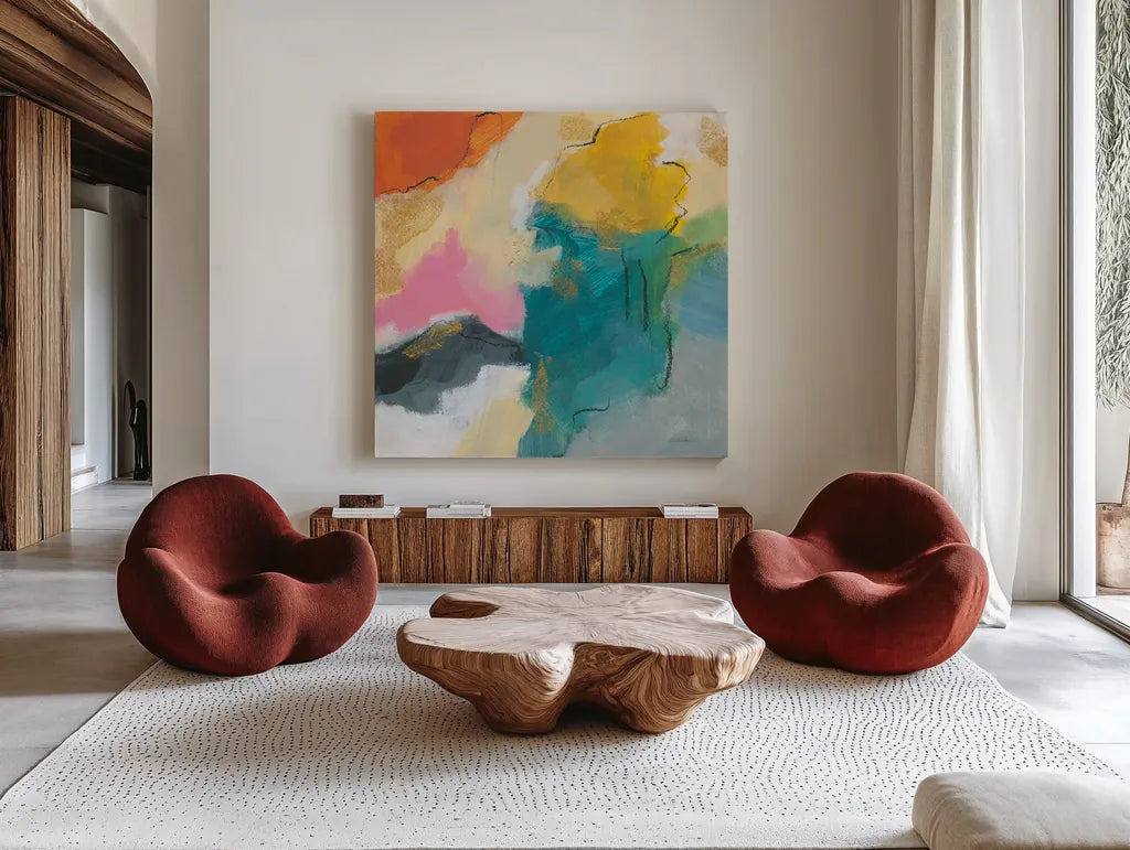 Daydream IV by Silvia Vassileva. Shown as extra-large giant wall art in a modern living room. Available as an archival giclee rolled canvas, fine art paper, or poster print. SKU 63769a.