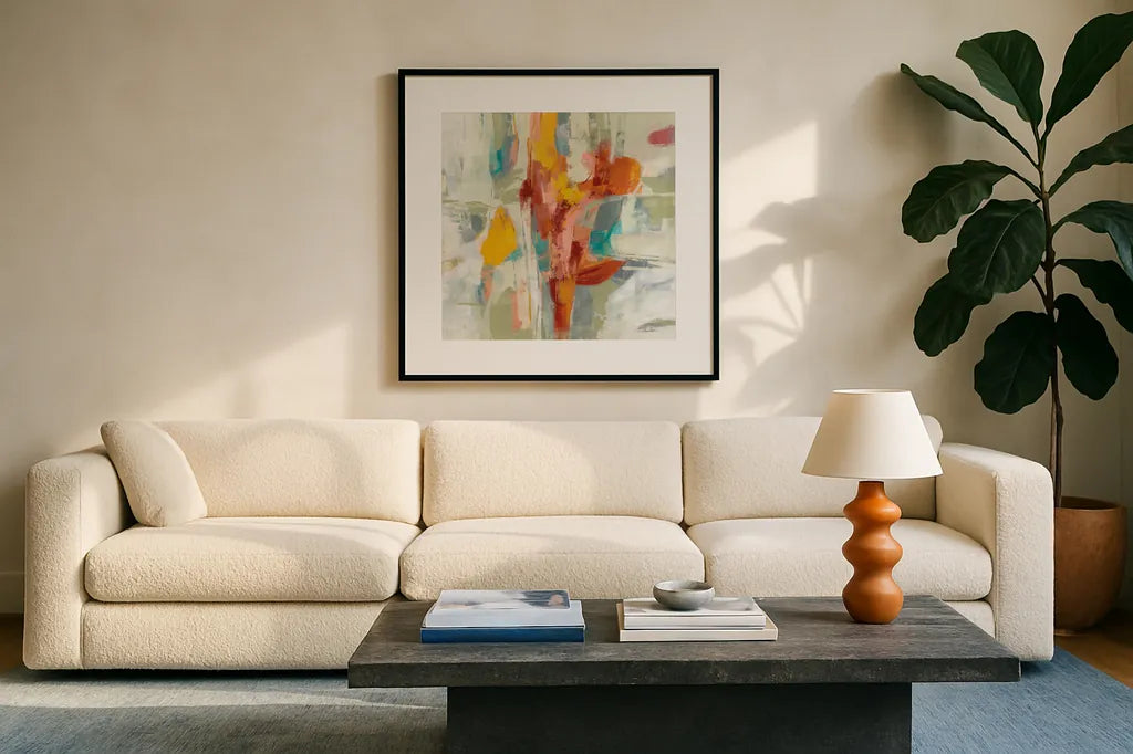 Daydreaming by Silvia Vassileva. Displayed in a glass frame with matte in a clean modern living room. Available as an archival giclee rolled canvas, fine art paper, or poster print. SKU 77863a.