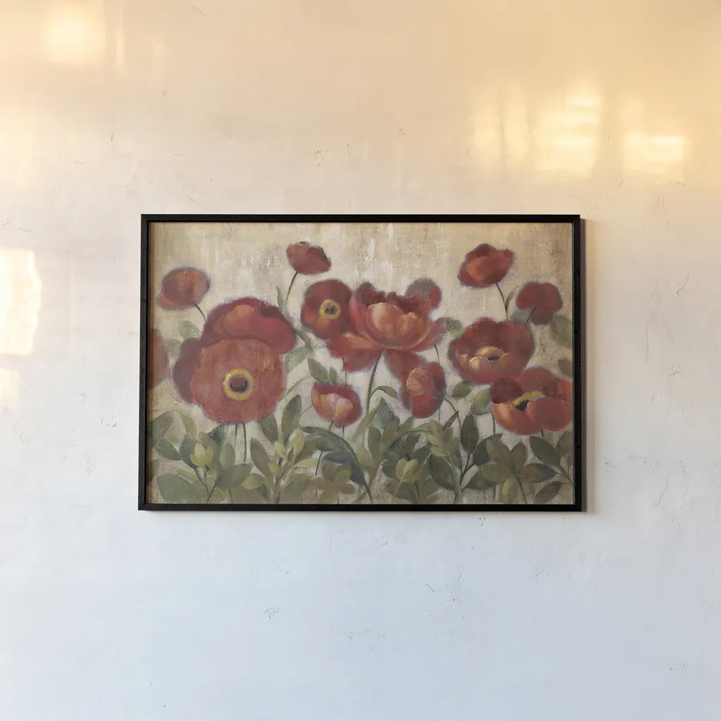 Daydreaming Flowers Red by Silvia Vassileva. shown as a paper print in a black flame. Available as a archival giclee rolled canvas, fine art paper, or poster print. SKU 11028i.