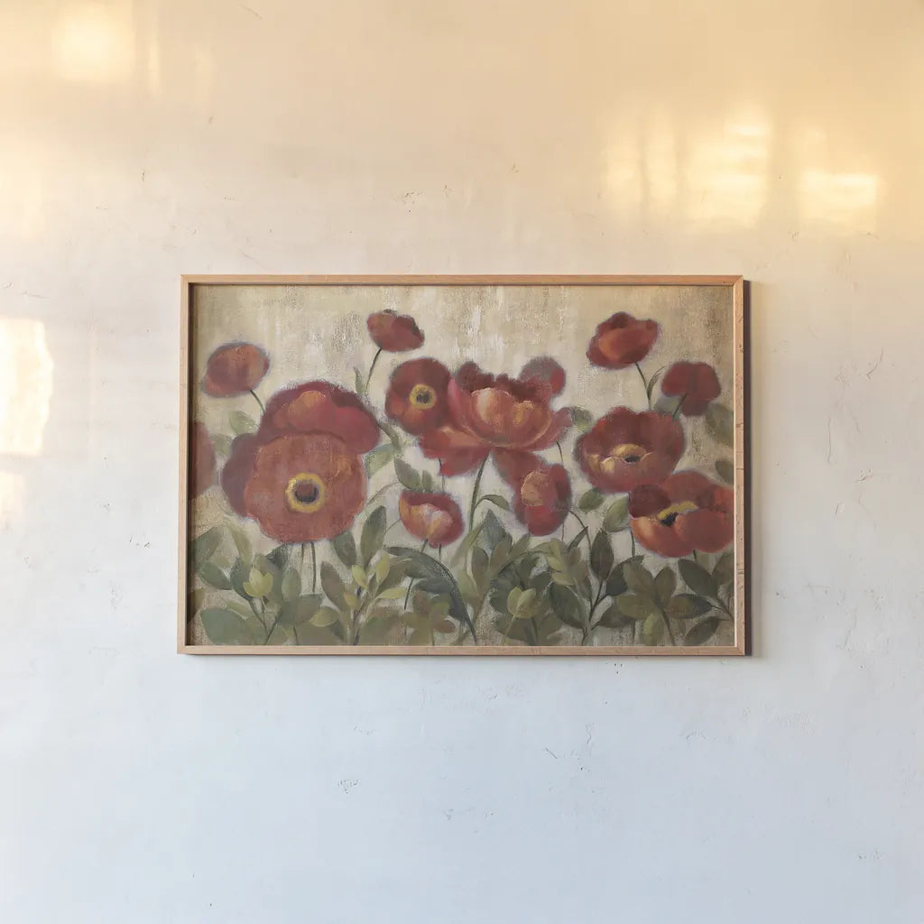 Daydreaming Flowers Red by Silvia Vassileva. shown as a paper print in a natural frame. Available as a archival giclee rolled canvas, fine art paper, or poster print. SKU 11028i.