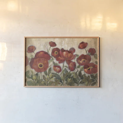 Daydreaming Flowers Red by Silvia Vassileva. shown as a paper print in a natural frame. Available as a archival giclee rolled canvas, fine art paper, or poster print. SKU 11028i.