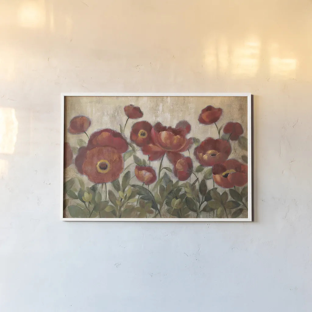 Daydreaming Flowers Red by Silvia Vassileva. shown as a paper print in a white frame. Available as a archival giclee rolled canvas, fine art paper, or poster print. SKU 11028i.