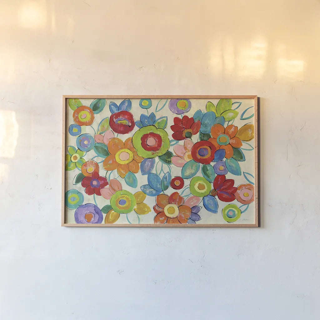 Decorative Flowers Bright by Silvia Vassileva. shown as a paper print in a natural frame. Available as a archival giclee rolled canvas, fine art paper, or poster print. SKU 28857i.