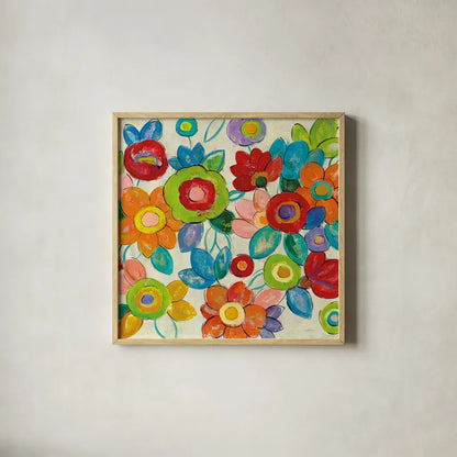 Decorative Flowers Bright Crop by Silvia Vassileva. Shown in a natural wood glass frame for a timeless modern aesthetic. Available as an archival giclee rolled canvas, fine art paper, or poster print. SKU 28857a.