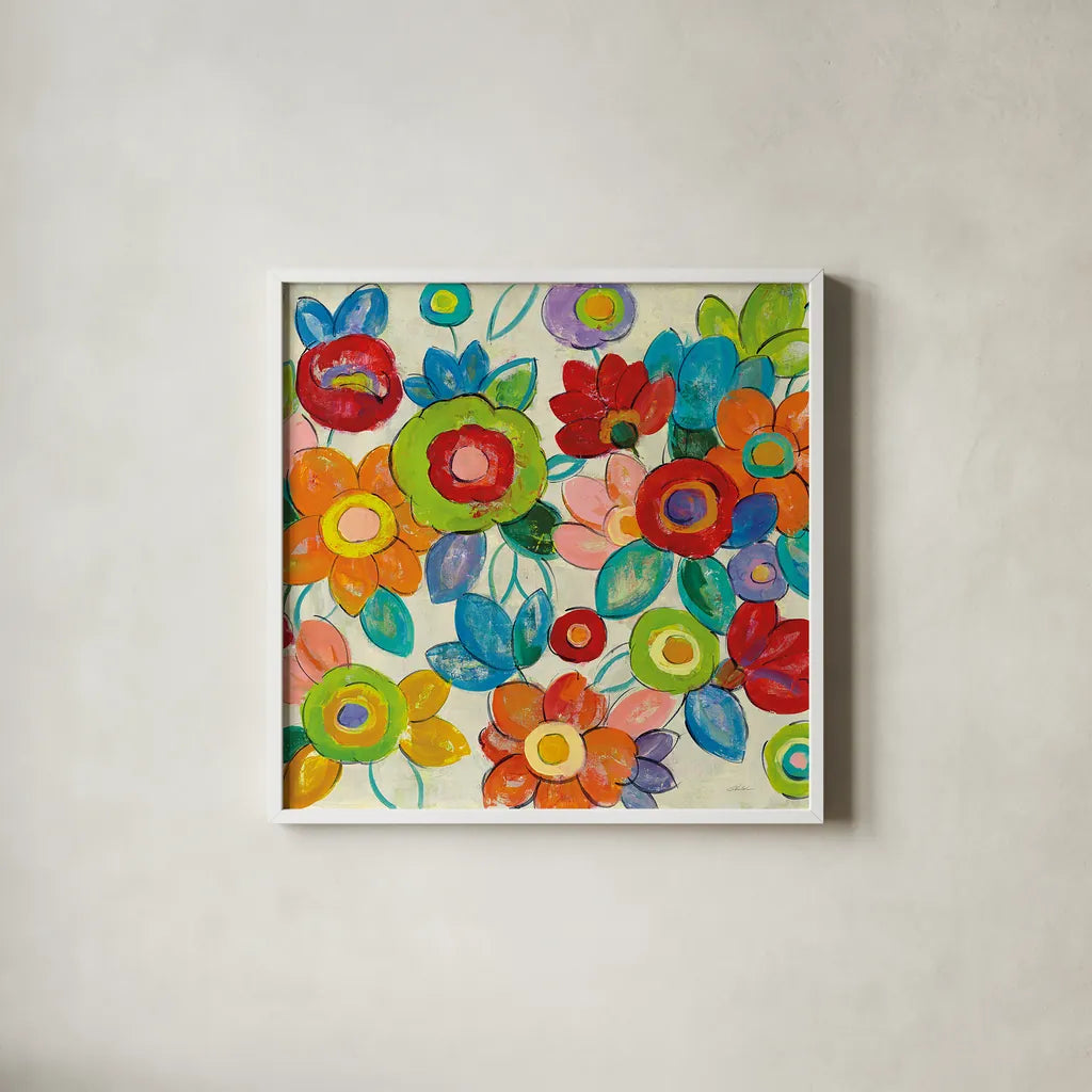 Decorative Flowers Bright Crop by Silvia Vassileva. Shown in a crisp white glass frame for a clean and minimalist style. Available as an archival giclee rolled canvas, fine art paper, or poster print. SKU 28857a.