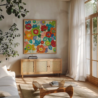 Decorative Flowers Bright Crop by Silvia Vassileva. Shown in a natural wood frame in a cozy modern living room. Available as an archival giclee rolled canvas, fine art paper, or poster print. SKU 28857a.
