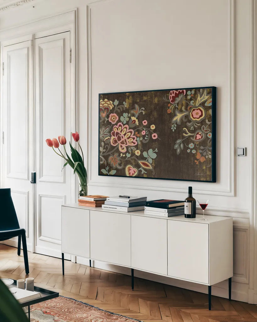 Decorative Paisley by Silvia Vassileva. shown as a framed stretched canvas in a living room above a console. Available as a archival giclee rolled canvas, fine art paper, or poster print. SKU 23757i.