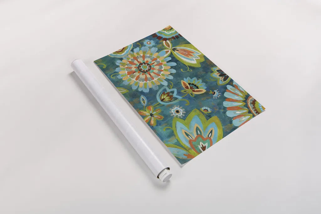 Decorative Peacock Floral by Silvia Vassileva. shown as a rolled paper print. Available as archival giclee rolled canvas, fine art paper, or poster print. SKU 26439i.