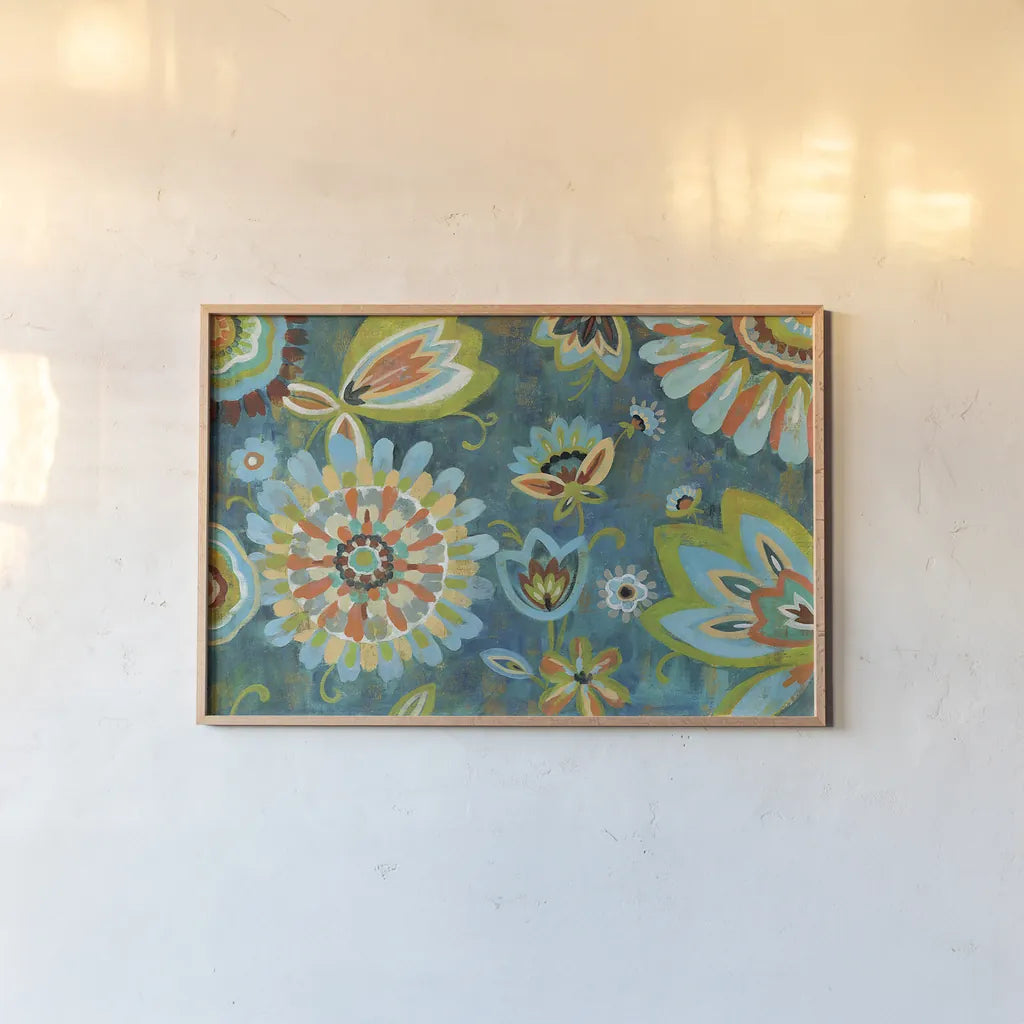 Decorative Peacock Floral by Silvia Vassileva. shown as a paper print in a natural frame. Available as a archival giclee rolled canvas, fine art paper, or poster print. SKU 26439i.