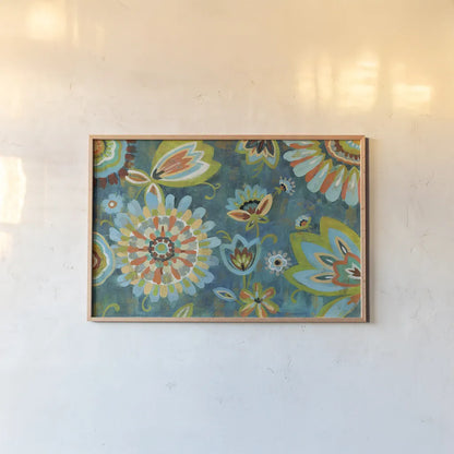 Decorative Peacock Floral by Silvia Vassileva. shown as a paper print in a natural frame. Available as a archival giclee rolled canvas, fine art paper, or poster print. SKU 26439i.