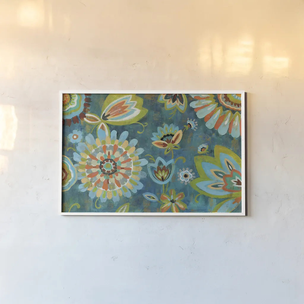 Decorative Peacock Floral by Silvia Vassileva. shown as a paper print in a white frame. Available as a archival giclee rolled canvas, fine art paper, or poster print. SKU 26439i.