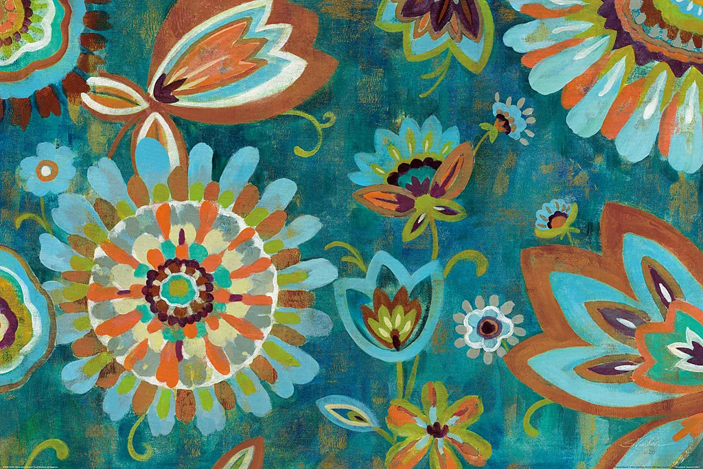 Decorative Peacock Floral Mustard and Eggplant by Silvia Vassileva. SKU 27628i. Archival Giclee Fine art print for wall decor.