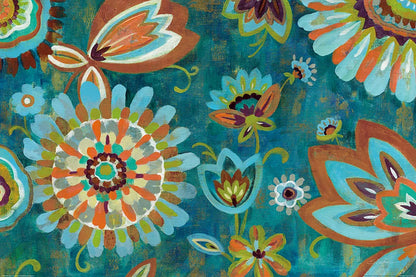 Decorative Peacock Floral Mustard and Eggplant by Silvia Vassileva. SKU 27628i. Archival Giclee Fine art print for wall decor.