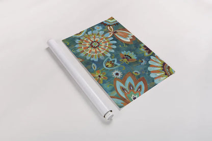 Decorative Peacock Floral Mustard and Eggplant by Silvia Vassileva. shown as a rolled paper print. Available as archival giclee rolled canvas, fine art paper, or poster print. SKU 27628i.