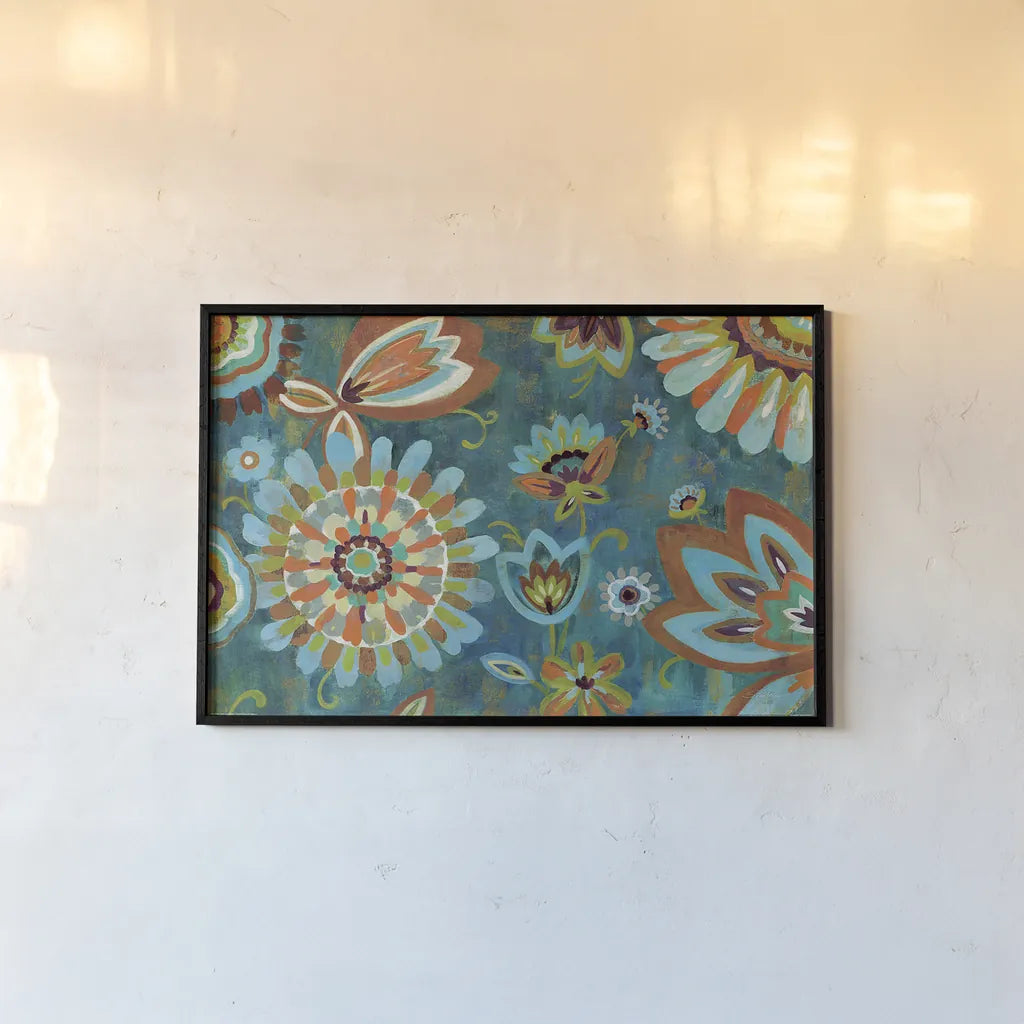 Decorative Peacock Floral Mustard and Eggplant by Silvia Vassileva. shown as a paper print in a black flame. Available as a archival giclee rolled canvas, fine art paper, or poster print. SKU 27628i.