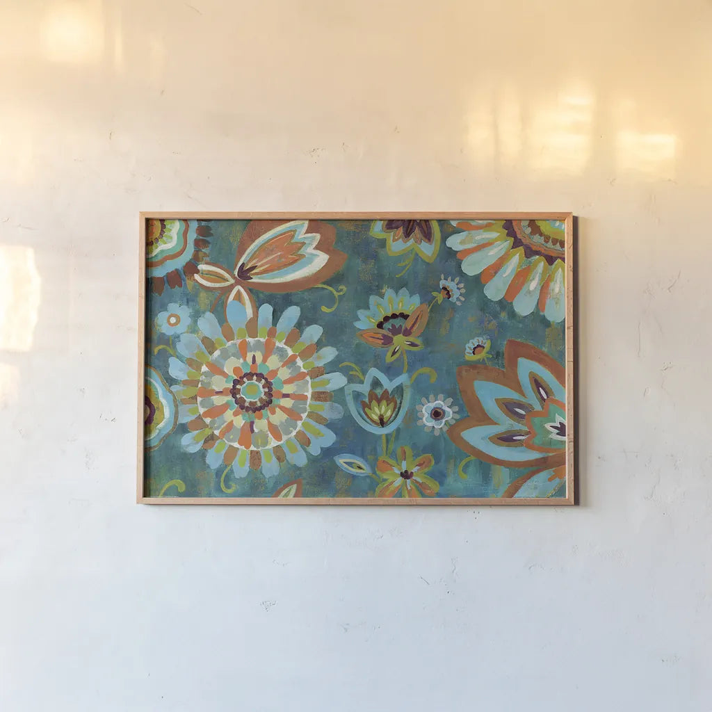 Decorative Peacock Floral Mustard and Eggplant by Silvia Vassileva. shown as a paper print in a natural frame. Available as a archival giclee rolled canvas, fine art paper, or poster print. SKU 27628i.