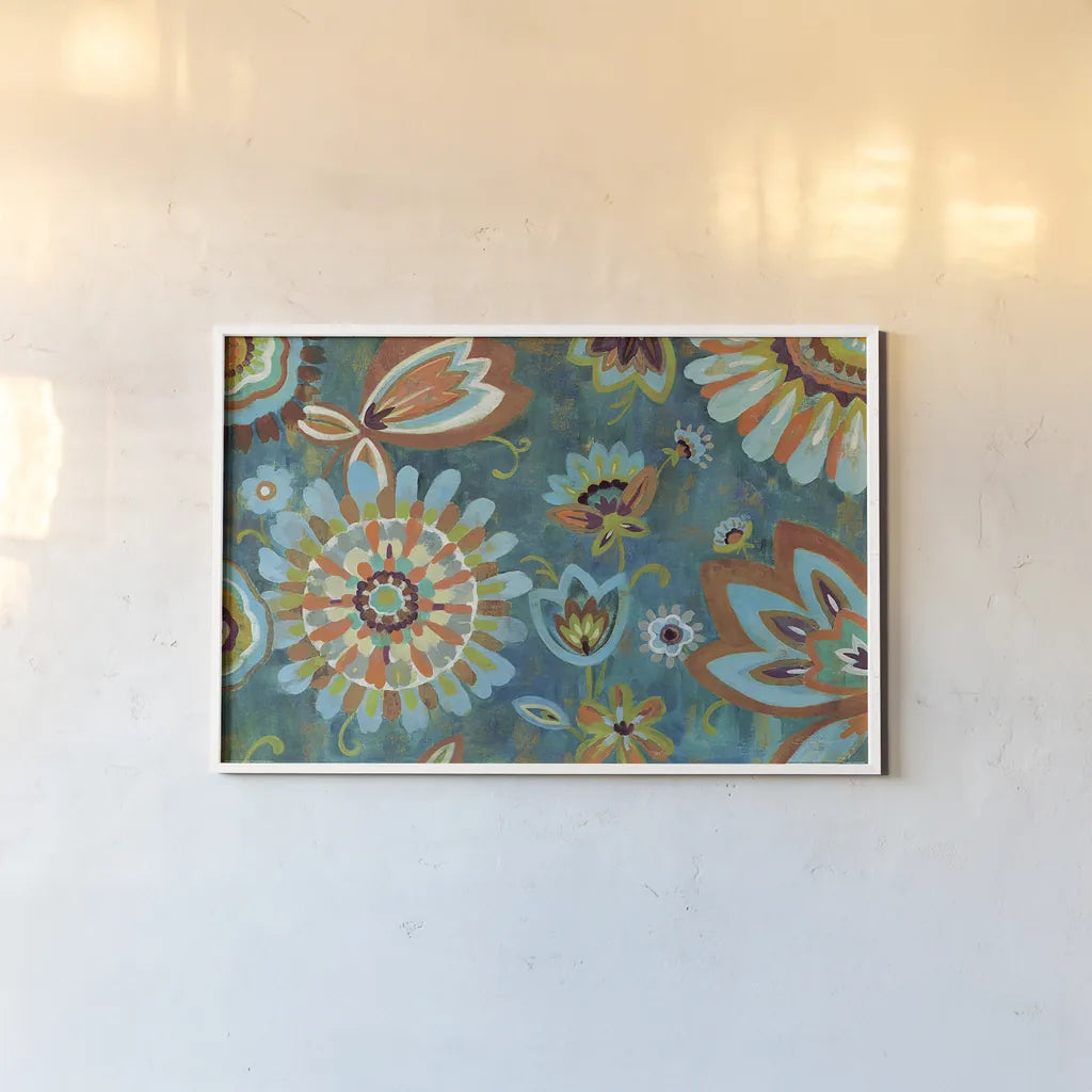 Decorative Peacock Floral Mustard and Eggplant by Silvia Vassileva. shown as a paper print in a white frame. Available as a archival giclee rolled canvas, fine art paper, or poster print. SKU 27628i.