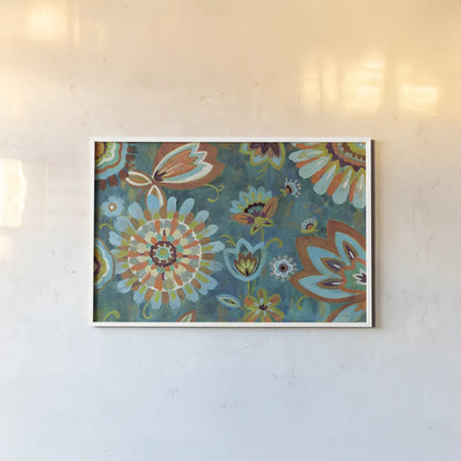 Decorative Peacock Floral Mustard and Eggplant by Silvia Vassileva. shown as a paper print in a white frame. Available as a archival giclee rolled canvas, fine art paper, or poster print. SKU 27628i.