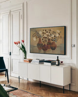 Decorative Vases by Silvia Vassileva. shown as a framed stretched canvas in a living room above a console. Available as a archival giclee rolled canvas, fine art paper, or poster print. SKU 60335i.