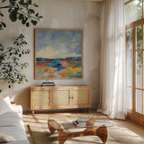 Del Mar Lagoon I by Silvia Vassileva. Shown in a natural wood frame in a cozy modern living room. Available as an archival giclee rolled canvas, fine art paper, or poster print. SKU 90992a.