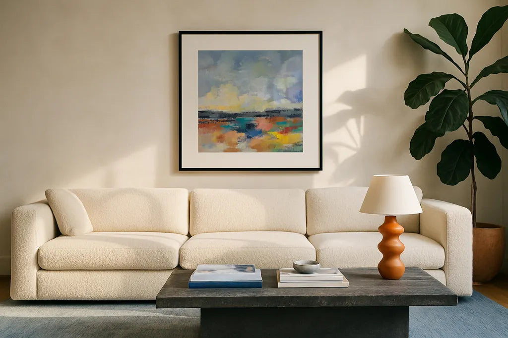 Del Mar Lagoon I by Silvia Vassileva. Displayed in a glass frame with matte in a clean modern living room. Available as an archival giclee rolled canvas, fine art paper, or poster print. SKU 90992a.