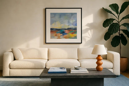 Del Mar Lagoon I by Silvia Vassileva. Displayed in a glass frame with matte in a clean modern living room. Available as an archival giclee rolled canvas, fine art paper, or poster print. SKU 90992a.