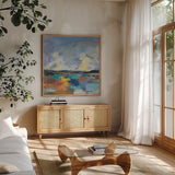 Del Mar Lagoon II by Silvia Vassileva. Shown in a natural wood frame in a cozy modern living room. Available as an archival giclee rolled canvas, fine art paper, or poster print. SKU 90993a.