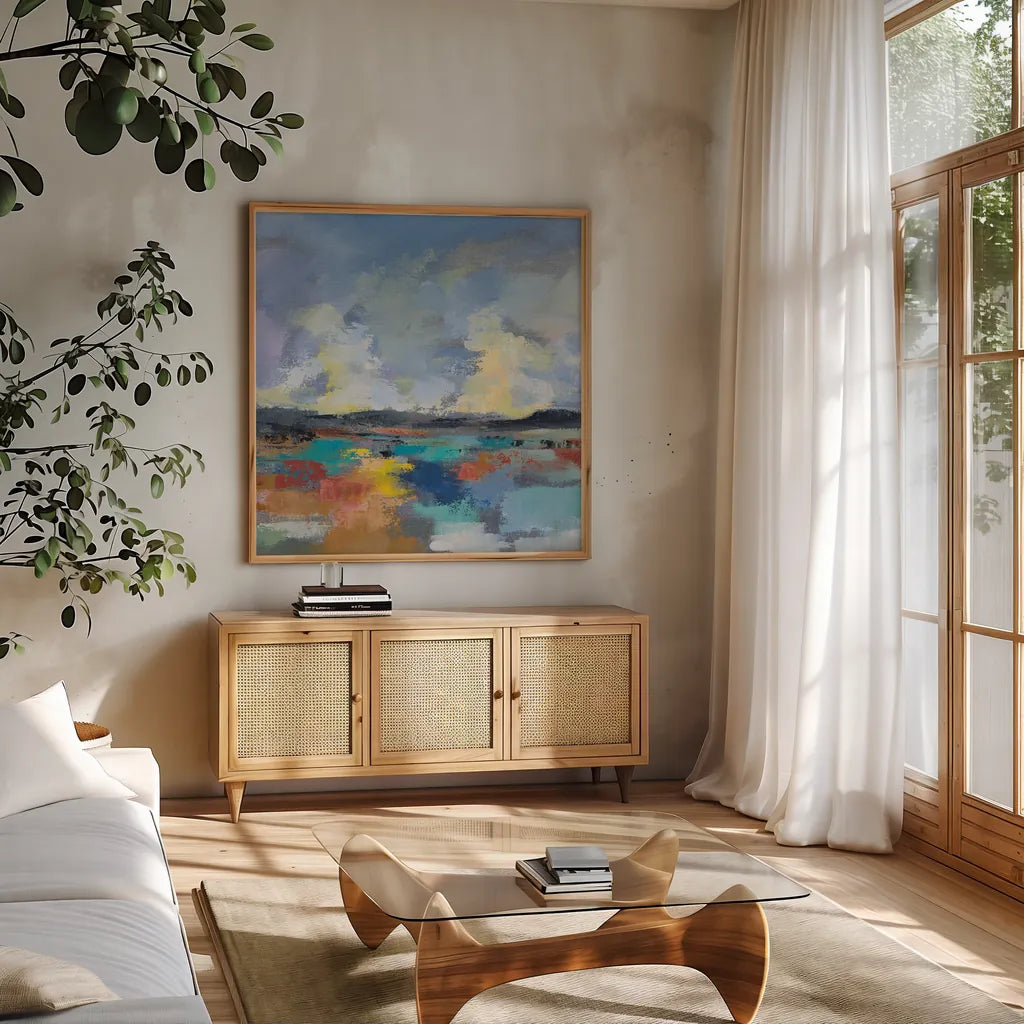 Del Mar Lagoon II by Silvia Vassileva. Shown in a natural wood frame in a cozy modern living room. Available as an archival giclee rolled canvas, fine art paper, or poster print. SKU 90993a.