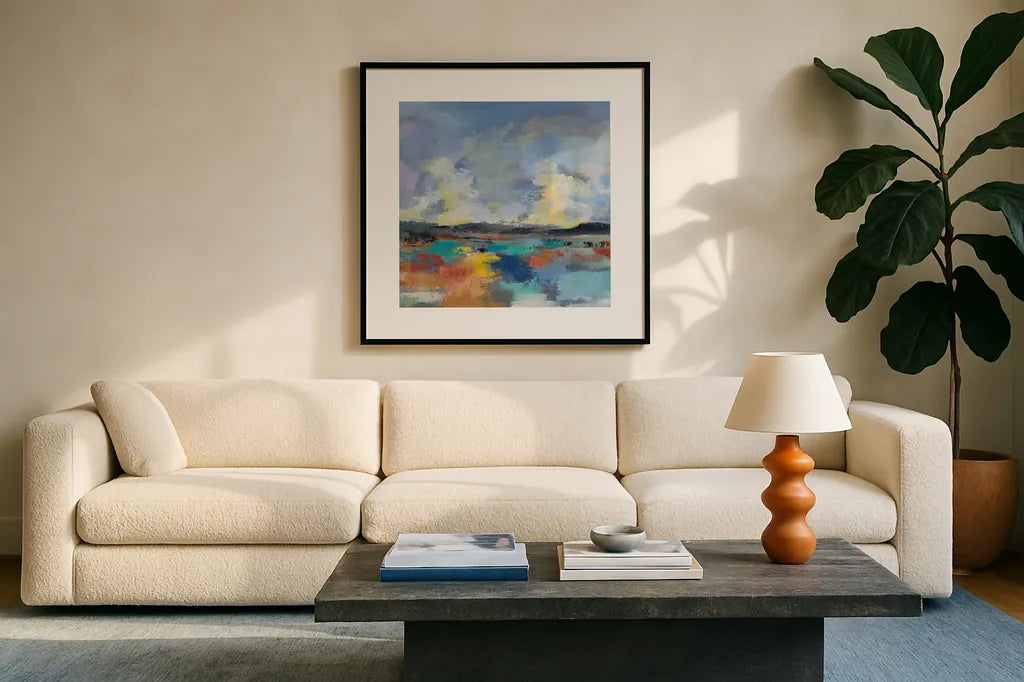 Del Mar Lagoon II by Silvia Vassileva. Displayed in a glass frame with matte in a clean modern living room. Available as an archival giclee rolled canvas, fine art paper, or poster print. SKU 90993a.