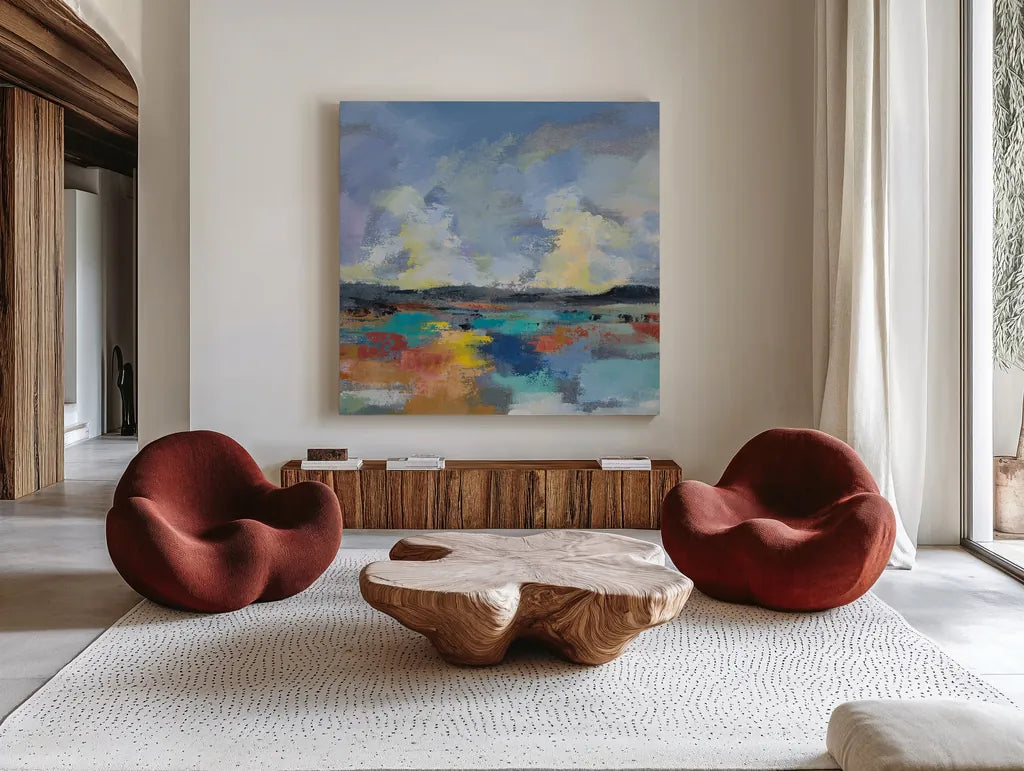 Del Mar Lagoon II by Silvia Vassileva. Shown as extra-large giant wall art in a modern living room. Available as an archival giclee rolled canvas, fine art paper, or poster print. SKU 90993a.