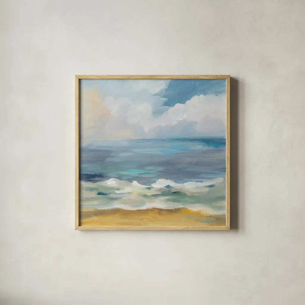 Del Mar Sky I by Silvia Vassileva. Shown in a natural wood glass frame for a timeless modern aesthetic. Available as an archival giclee rolled canvas, fine art paper, or poster print. SKU 79155a.