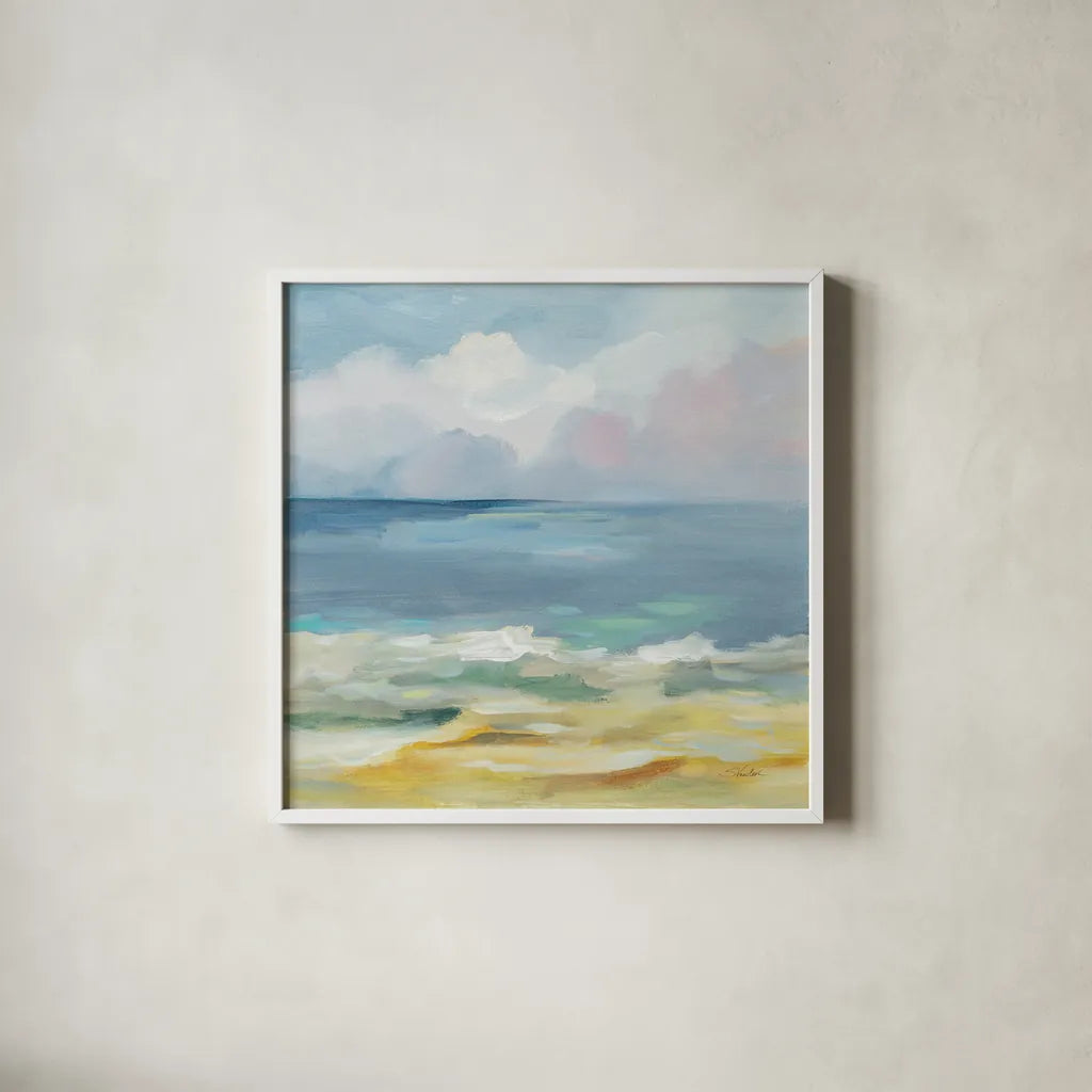 Del Mar Sky II by Silvia Vassileva. Shown in a crisp white glass frame for a clean and minimalist style. Available as an archival giclee rolled canvas, fine art paper, or poster print. SKU 79156a.