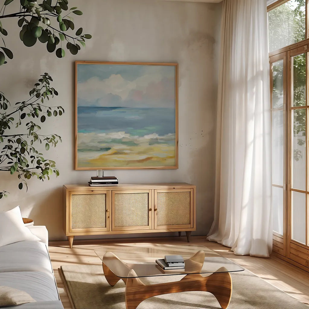 Del Mar Sky II by Silvia Vassileva. Shown in a natural wood frame in a cozy modern living room. Available as an archival giclee rolled canvas, fine art paper, or poster print. SKU 79156a.