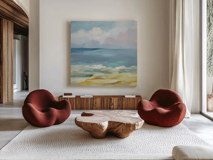 Del Mar Sky II by Silvia Vassileva. Shown as extra-large giant wall art in a modern living room. Available as an archival giclee rolled canvas, fine art paper, or poster print. SKU 79156a.
