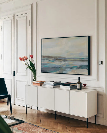 Delmar Lagoon by Silvia Vassileva. shown as a framed stretched canvas in a living room above a console. Available as a archival giclee rolled canvas, fine art paper, or poster print. SKU 100287i.