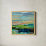 Delmar Sunset II by Silvia Vassileva. Shown in a natural wood glass frame for a timeless modern aesthetic. Available as an archival giclee rolled canvas, fine art paper, or poster print. SKU 48499a.
