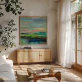 Delmar Sunset II by Silvia Vassileva. Shown in a natural wood frame in a cozy modern living room. Available as an archival giclee rolled canvas, fine art paper, or poster print. SKU 48499a.