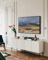 Desert Hills by Silvia Vassileva. shown as a framed stretched canvas in a living room above a console. Available as a archival giclee rolled canvas, fine art paper, or poster print. SKU 102545i.