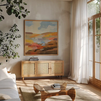 Desert Sky I by Silvia Vassileva. Shown in a natural wood frame in a cozy modern living room. Available as an archival giclee rolled canvas, fine art paper, or poster print. SKU 85387a.