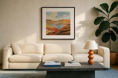 Desert Sky I by Silvia Vassileva. Displayed in a glass frame with matte in a clean modern living room. Available as an archival giclee rolled canvas, fine art paper, or poster print. SKU 85387a.
