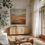 Desert Sky II by Silvia Vassileva. Shown in a natural wood frame in a cozy modern living room. Available as an archival giclee rolled canvas, fine art paper, or poster print. SKU 85388a.